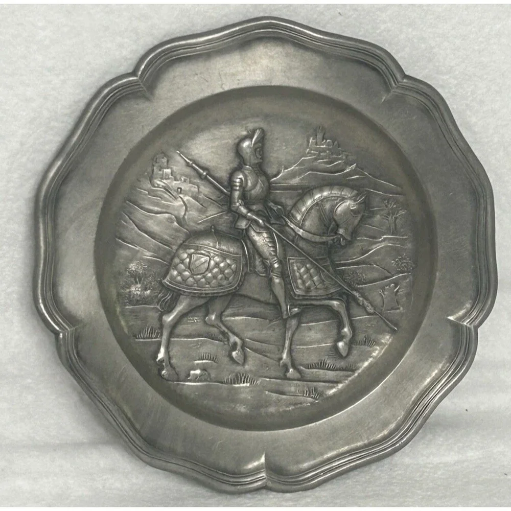 German Pewter Plate With Armored Knight On Horseback Antique
